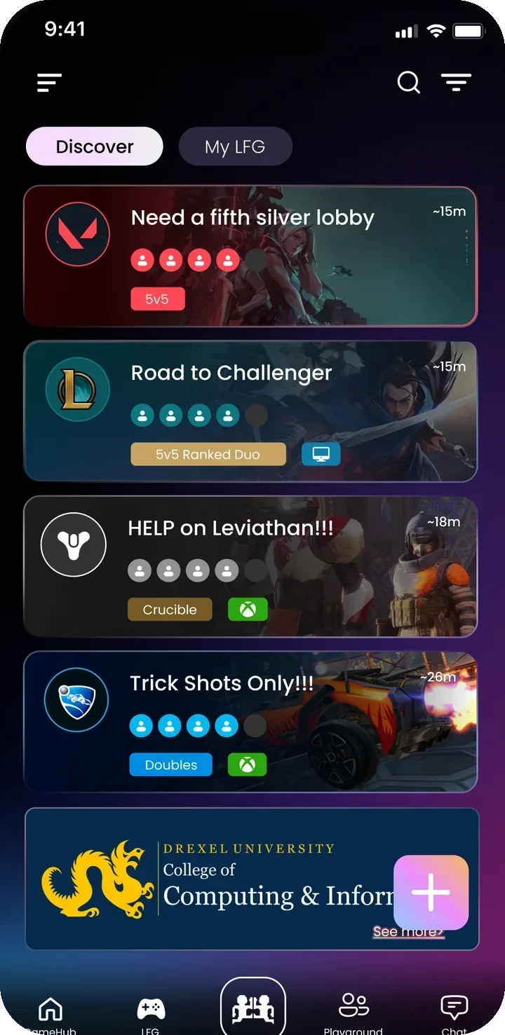 Player 2 app screenshot: LFG